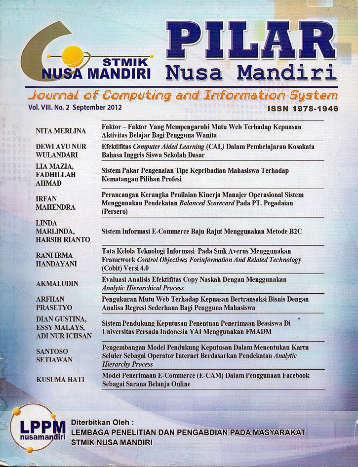 					View Vol. 8 No. 2 (2012): Pilar Nusa Mandiri : Journal of Computing and Information System Periode September 2012
				